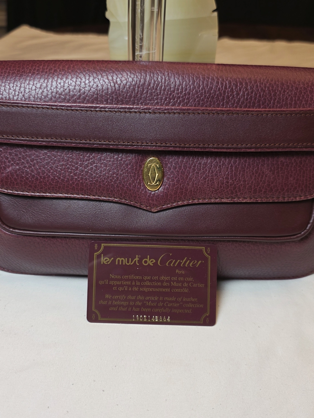 Vintage Must de Cartier Burgundy Leather Shoulder Bag w/ Authenticity Card